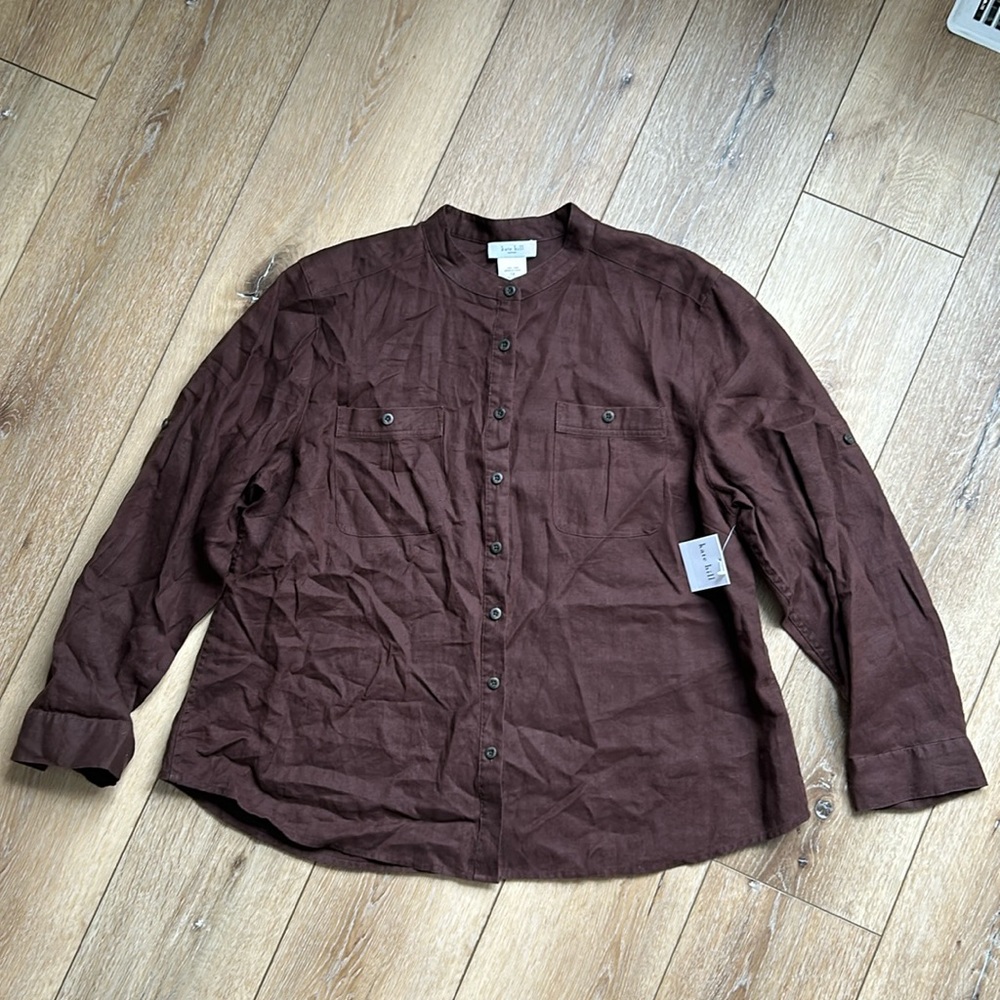Kate Hill Womens 100% Linen Button Up Blouse Top Shirt Brown Long Sleeve…
